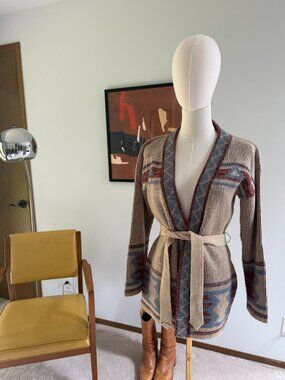 Vintage 1970s Campus Casuals Southwestern Style Open Tie Waist Cardigan Size S